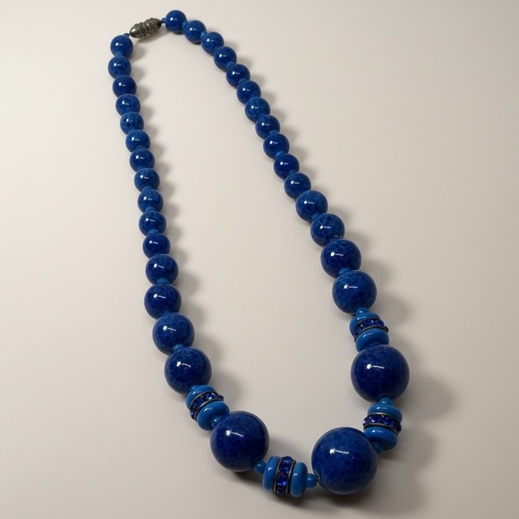 Vintage Czech Blue Peking Lapis Glass Bead Necklace Graduated - Picture 5 of 8
